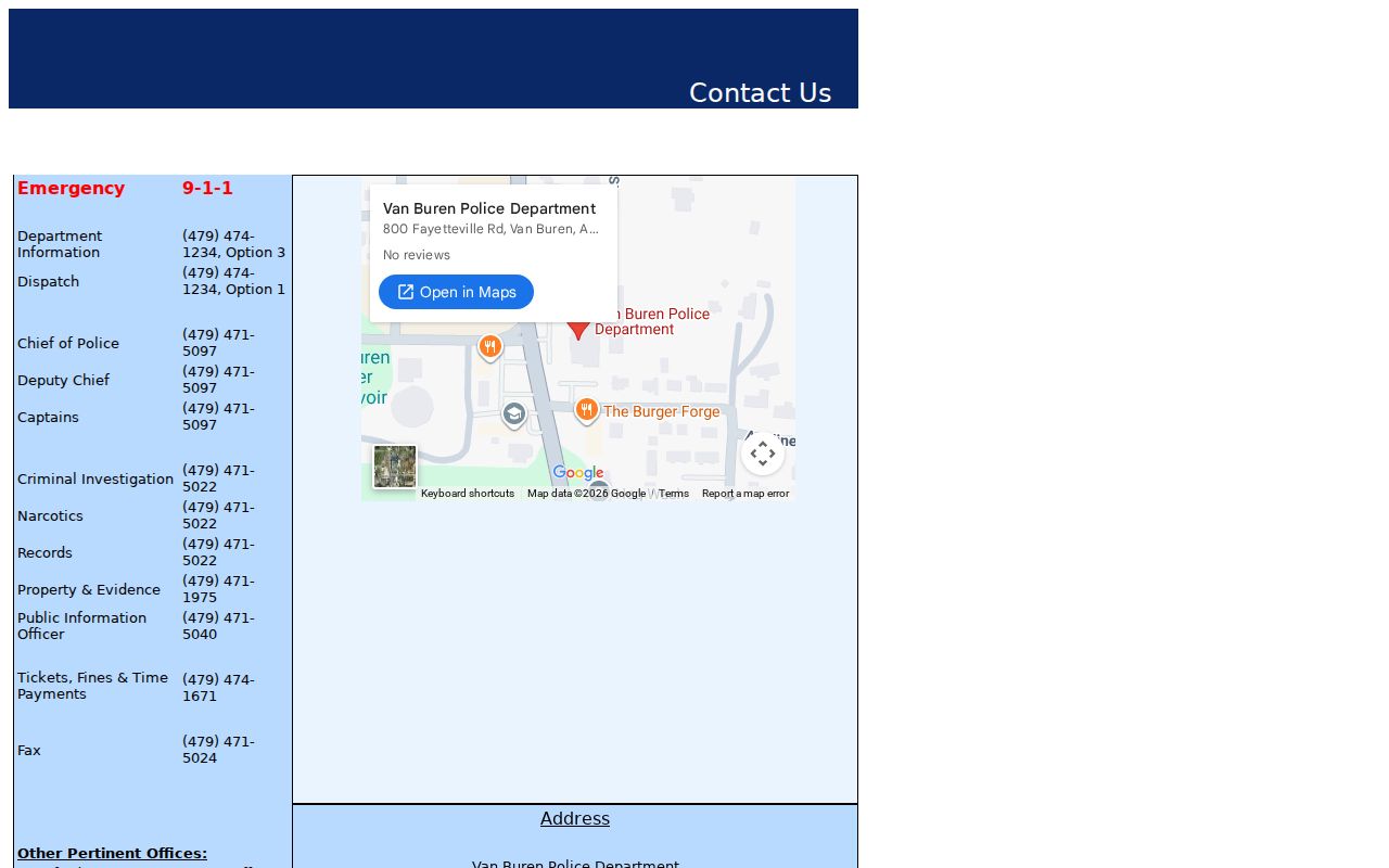 Van Buren Police contact page with records and ticket routing